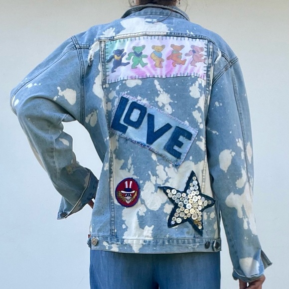 Festival concert jacket size Large, Artistic Denim Jacket with Colorful Patches - Picture 2 of 16